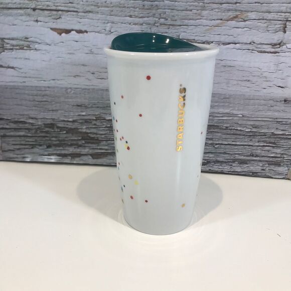STARBUCKS 2015 Best Day Ever Ceramic Tumbler 10oz Confetti Coffee Travel Mug Lid - Picture 5 of 5